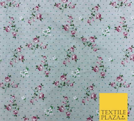 AQUA Garden Rose Print Fabric 100% Cotton Flower Polka Dot Dress Craft RB354