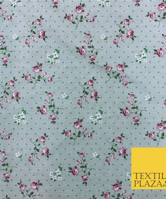 AQUA Garden Rose Print Fabric 100% Cotton Flower Polka Dot Dress Craft RB354