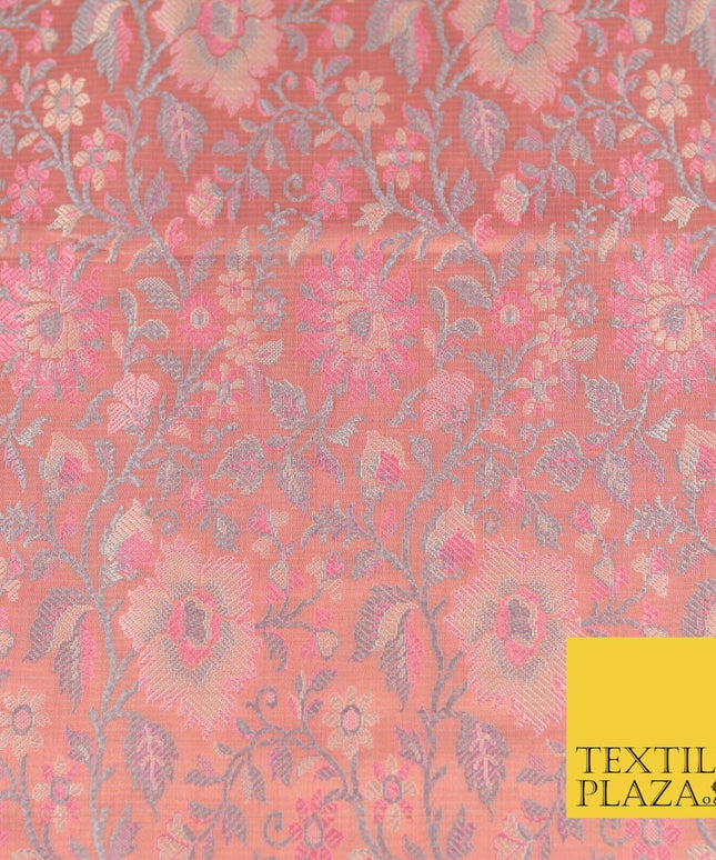 Dusty Pink Luxury Flowers PURE Benarsi Brocade Woven Dress Fabric Fancy 1748