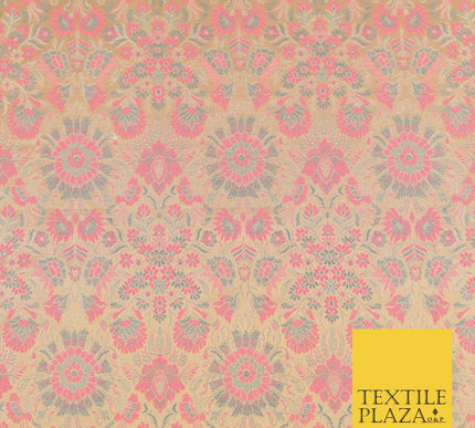 Light Gold Pink Luxury Flowers PURE Benarsi Brocade Woven Dress Fabric Fancy1744