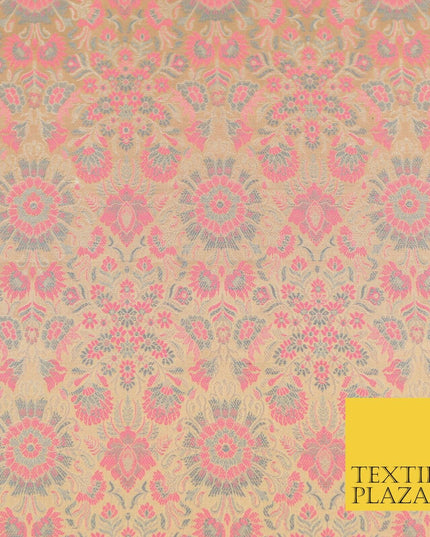 Light Gold Pink Luxury Flowers PURE Benarsi Brocade Woven Dress Fabric Fancy1744