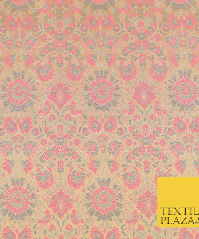 Light Gold Pink Luxury Flowers PURE Benarsi Brocade Woven Dress Fabric Fancy1744