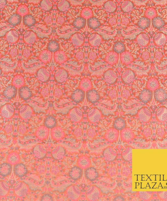 Peach Luxury Intricate Floral PURE Benarsi Brocade Woven Dress Fabric Fancy 1753