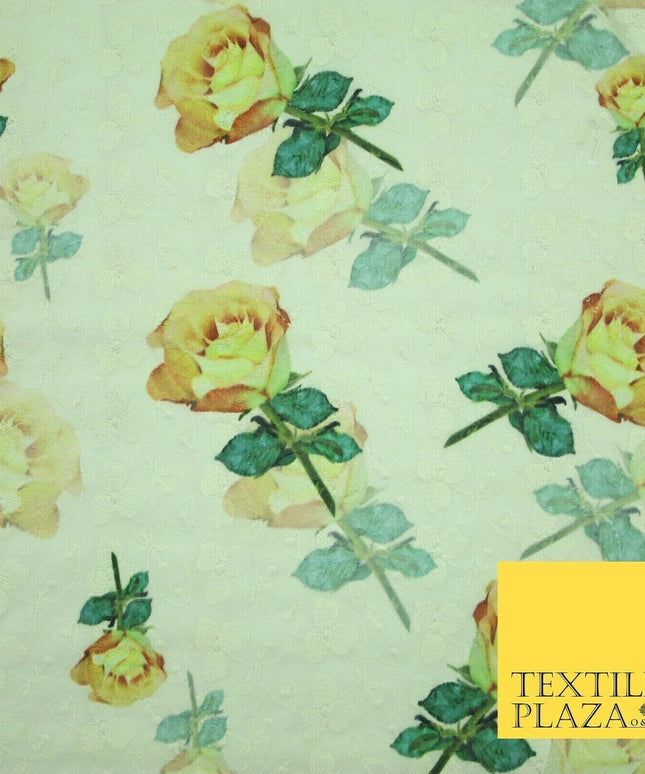 Falling Single Roses Embroidered 100% Cotton Lawn Print Fashion Fabric Craft