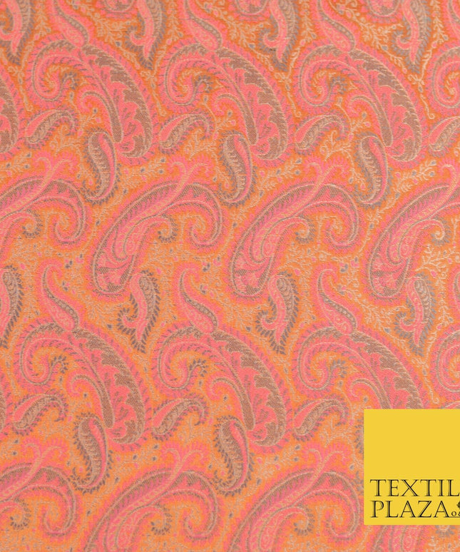 Orange Pink Luxury Paisleys PURE Benarsi Brocade Woven Dress Fabric Fancy 1749