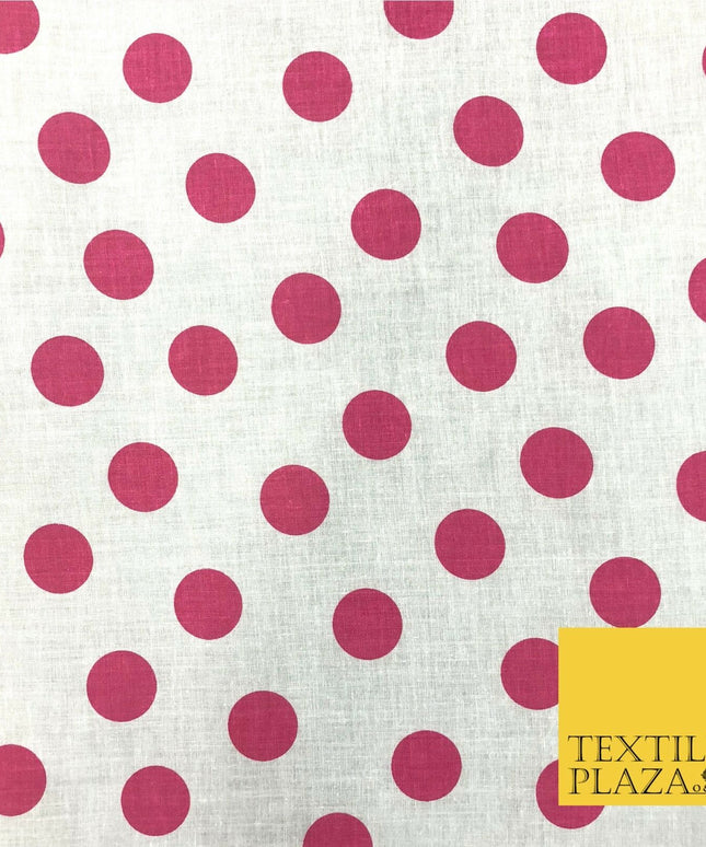 White with Cerise Pink Polka Dot Spotted 100% Cotton Fabric Dress Craft RC362