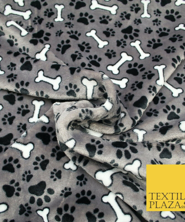 Grey Dog Bone Paws SUPER SOFT Printed Cuddle Fleece Bed Blankets Craft 1776