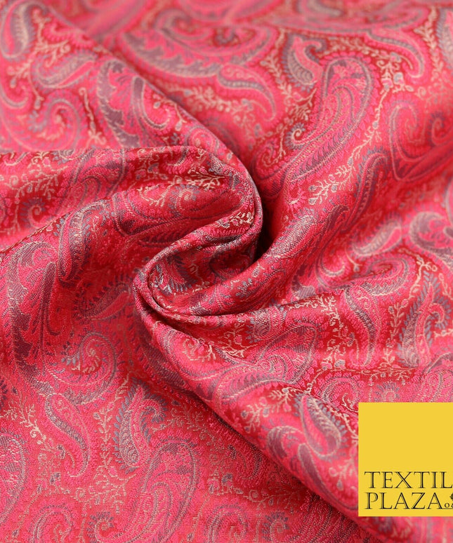 Hot Pink Luxury Paisleys PURE Benarsi Brocade Woven Dress Fabric Fancy 1743