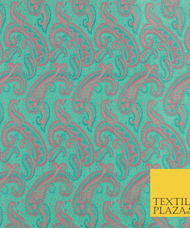 AQUA PINK Luxury Paisley PURE Benarsi Brocade Woven Dress Fabric Fancy 1741