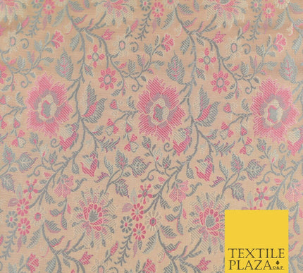 Pale Peach Luxury Flowers PURE Benarsi Brocade Woven Dress Fabric Fancy 1746