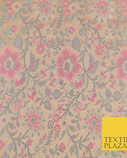 Pale Peach Luxury Flowers PURE Benarsi Brocade Woven Dress Fabric Fancy 1746