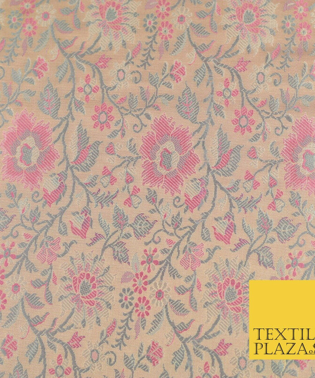 Pale Peach Luxury Flowers PURE Benarsi Brocade Woven Dress Fabric Fancy 1746