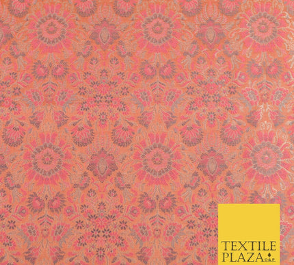 Carrot Pink Luxury Flowers PURE Benarsi Brocade Woven Dress Fabric Fancy 1742