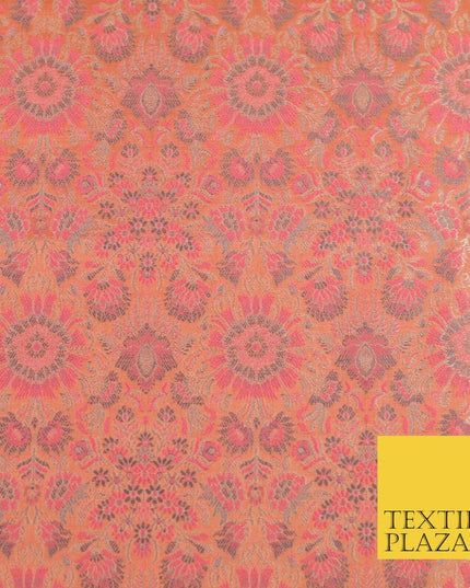 Carrot Pink Luxury Flowers PURE Benarsi Brocade Woven Dress Fabric Fancy 1742
