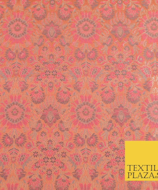 Carrot Pink Luxury Flowers PURE Benarsi Brocade Woven Dress Fabric Fancy 1742