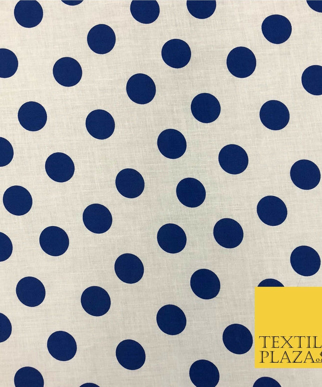 White with Royal Blue Polka Dot Spotted 100% Cotton Fabric Dress Craft RC361