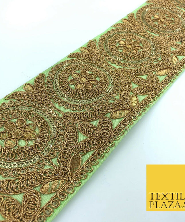 Apple Green Ornate Fancy Flower Zari Sequin Trimming Border Indian Ethnic (X57)