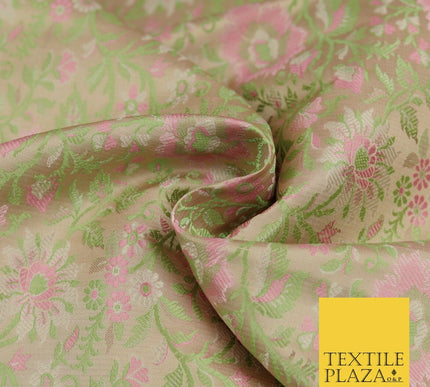 Gold Green Luxury Flowers PURE Benarsi Brocade Woven Dress Fabric Fancy 1747