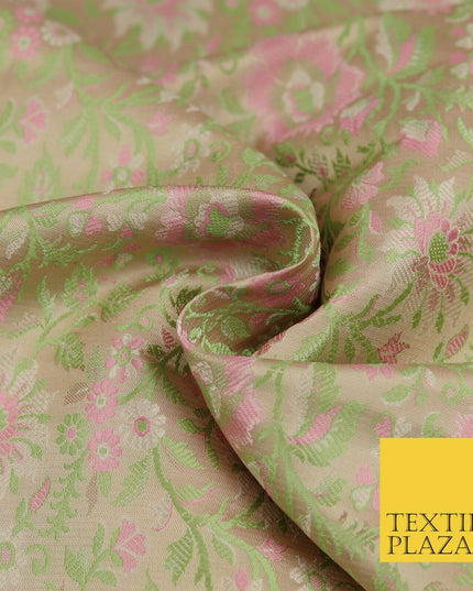 Gold Green Luxury Flowers PURE Benarsi Brocade Woven Dress Fabric Fancy 1747