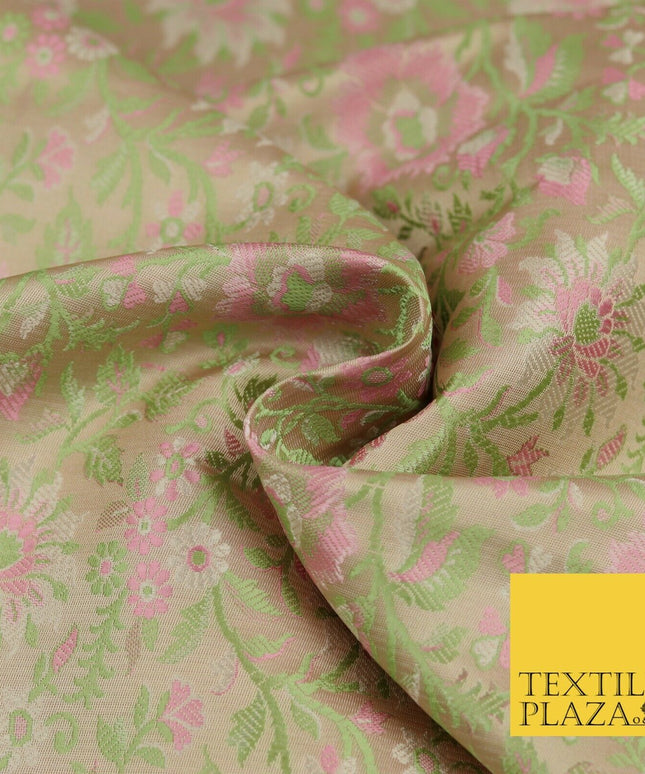 Gold Green Luxury Flowers PURE Benarsi Brocade Woven Dress Fabric Fancy 1747