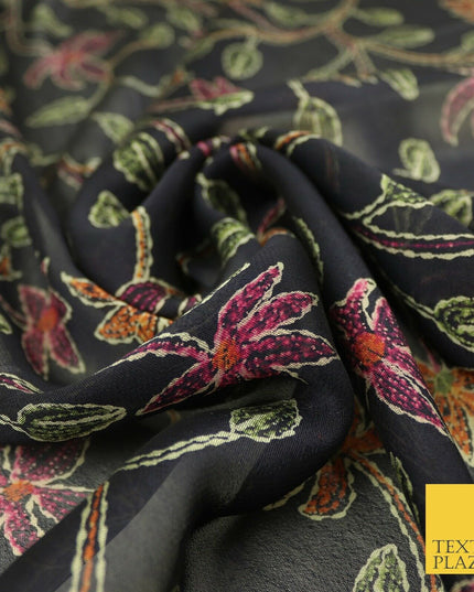 Kalamkari Style Small Intricate Floral Printed Sheen Soft Georgette Dress Fabric