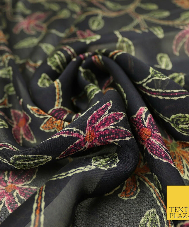 Kalamkari Style Small Intricate Floral Printed Sheen Soft Georgette Dress Fabric