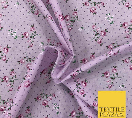 LILAC Garden Rose Print Fabric 100% Cotton Flower Polka Dot Dress Craft RB356