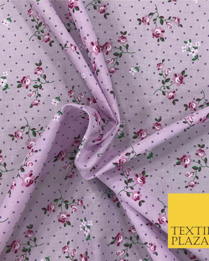 LILAC Garden Rose Print Fabric 100% Cotton Flower Polka Dot Dress Craft RB356