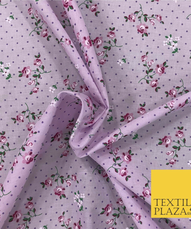 LILAC Garden Rose Print Fabric 100% Cotton Flower Polka Dot Dress Craft RB356