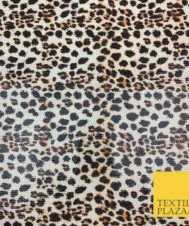 Beige Leopard Print Scuba Lycra Clear Sequin Dress Fabric Stretch Dancewear 1822