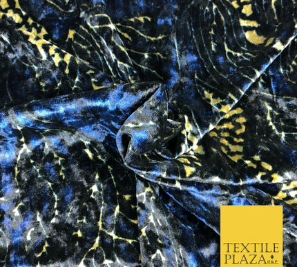 Blue Gold Abstract Branch Leaves Printed Soft Velvet Dress Fabric Craft Q1298