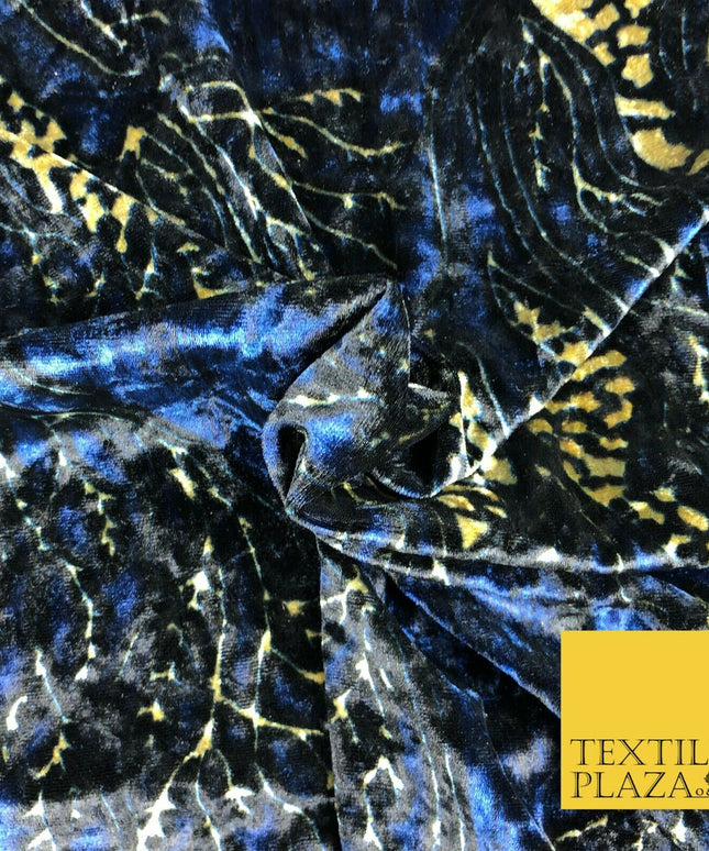 Blue Gold Abstract Branch Leaves Printed Soft Velvet Dress Fabric Craft Q1298