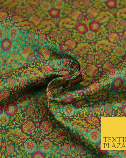 Green Luxury Intricate Floral PURE Benarsi Brocade Woven Dress Fabric Fancy 1750