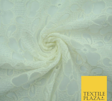 Ivory Cream Ecru Floral Striped Fair Isle Embroidered Net Dress Fabric Mesh