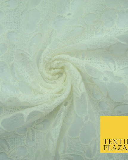 Ivory Cream Ecru Floral Striped Fair Isle Embroidered Net Dress Fabric Mesh