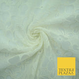 Ivory Cream Ecru Floral Striped Fair Isle Embroidered Net Dress Fabric Mesh
