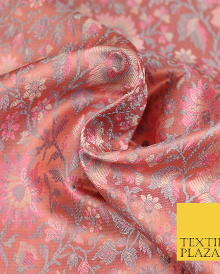 Dusty Pink Luxury Flowers PURE Benarsi Brocade Woven Dress Fabric Fancy 1748