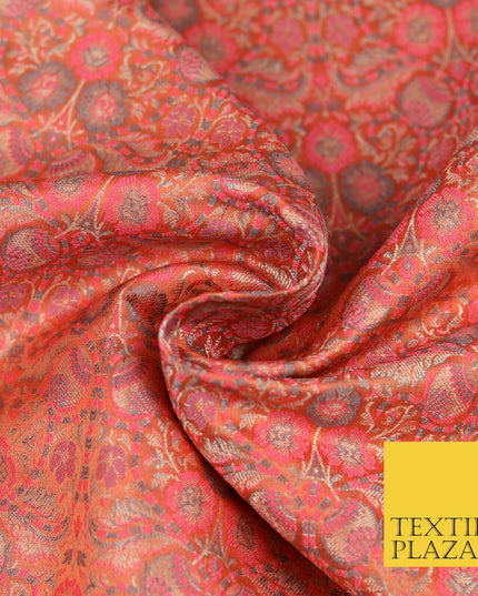 Peach Luxury Intricate Floral PURE Benarsi Brocade Woven Dress Fabric Fancy 1753