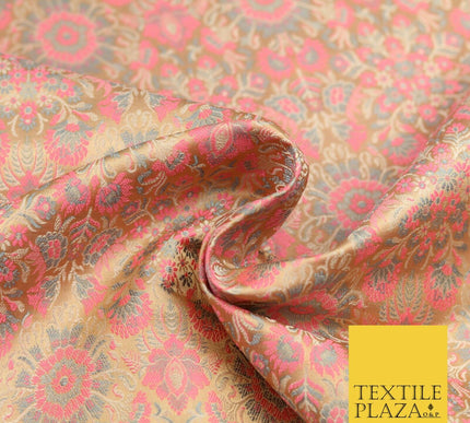 Light Gold Pink Luxury Flowers PURE Benarsi Brocade Woven Dress Fabric Fancy1744