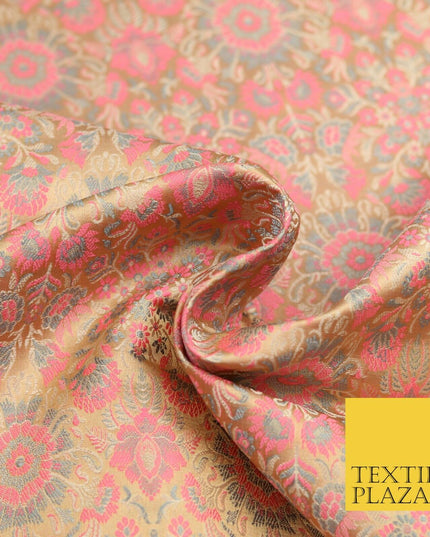 Light Gold Pink Luxury Flowers PURE Benarsi Brocade Woven Dress Fabric Fancy1744