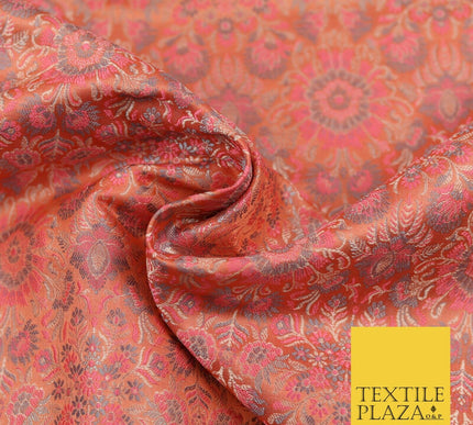 Carrot Pink Luxury Flowers PURE Benarsi Brocade Woven Dress Fabric Fancy 1742