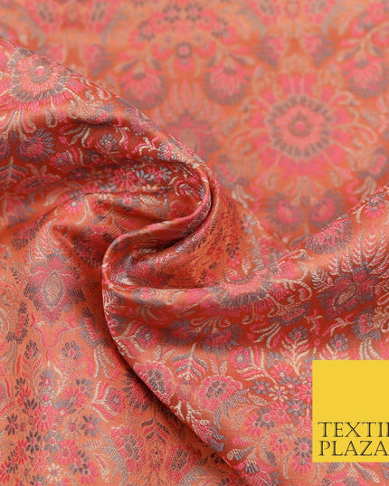 Carrot Pink Luxury Flowers PURE Benarsi Brocade Woven Dress Fabric Fancy 1742