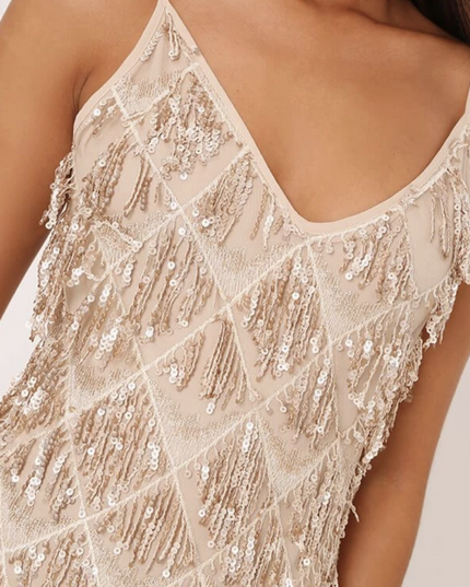 ROSE GOLD Sequin Embellished Tassel Net Lace Fancy Tulle Dancewear 1813