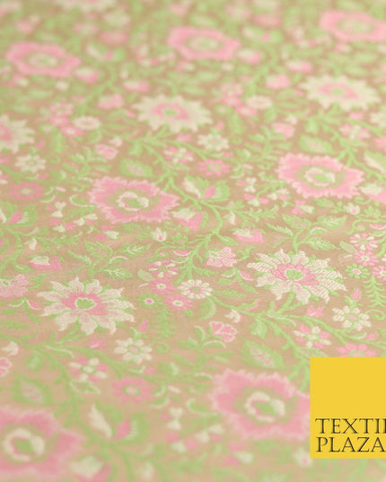 Gold Green Luxury Flowers PURE Benarsi Brocade Woven Dress Fabric Fancy 1747