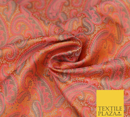 Orange Pink Luxury Paisleys PURE Benarsi Brocade Woven Dress Fabric Fancy 1749
