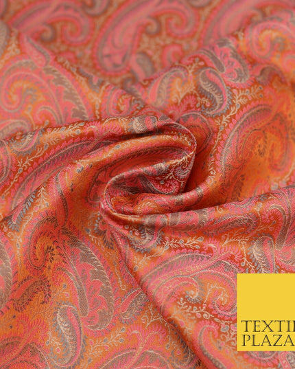 Orange Pink Luxury Paisleys PURE Benarsi Brocade Woven Dress Fabric Fancy 1749