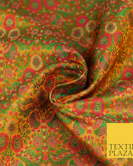 Mustard Luxury Intricate Floral PURE Benarsi Brocade Woven Dress FabricFancy1754