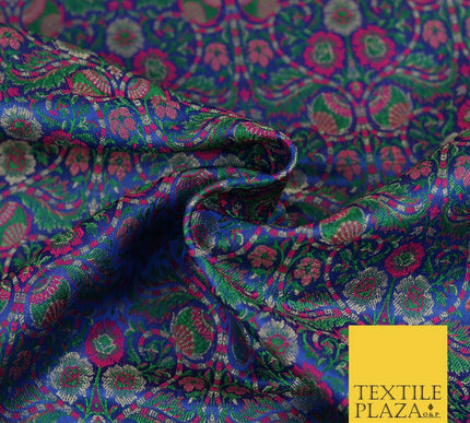 Blue Luxury Intricate Floral PURE Benarsi Brocade Woven Dress Fabric Fancy 1751