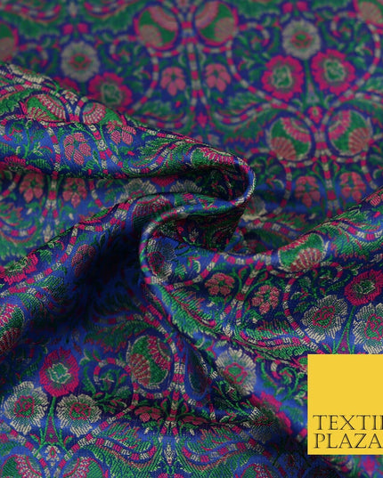 Blue Luxury Intricate Floral PURE Benarsi Brocade Woven Dress Fabric Fancy 1751