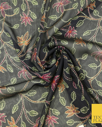 Kalamkari Style Small Intricate Floral Printed Sheen Soft Georgette Dress Fabric